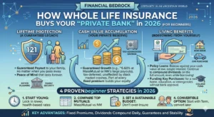 "A professional social media header for a 2026 guide to whole life insurance titled 'Your Private Bank?'. The image highlights beginner strategies like starting at age 25, comparing mutual companies like MassMutual and Northwestern Mutual, and setting a sustainable budget for permanent life insurance."