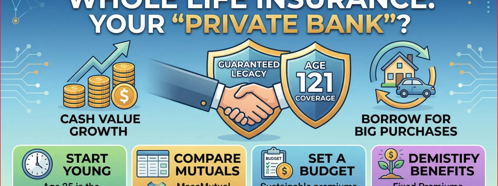 "Comprehensive 2026 infographic explaining how whole life insurance builds a private bank for beginners. It features sections on Age 121 lifetime coverage, cash value accumulation with 6.60% dividend growth, and living benefits for policy loans for home and car purchases."