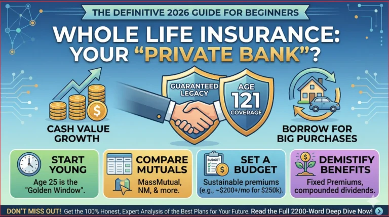 "Comprehensive 2026 infographic explaining how whole life insurance builds a private bank for beginners. It features sections on Age 121 lifetime coverage, cash value accumulation with 6.60% dividend growth, and living benefits for policy loans for home and car purchases."