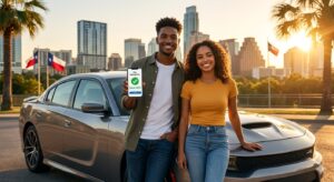 "Young drivers in Texas comparing affordable car insurance quotes on a smartphone at sunset."